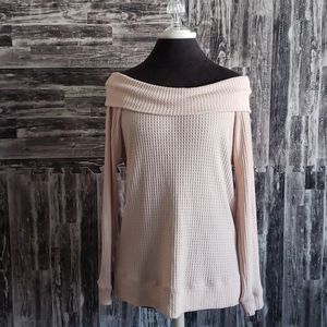 Cherish Waffle Knit Off the Shoulder Top EUC Large neutral cream ivory tan
